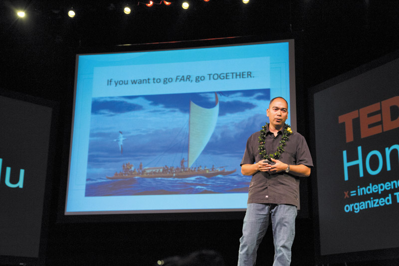 Manuel Mejia from The Nature Conservancy of Hawaii discussing restoring the land and ocean at a past TEDxHonolulu conference