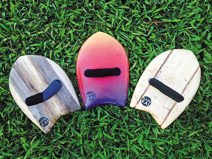 Manukai Handboards made of old surfboards or locally foraged agave and wiliwili wood, with straps sewn from old wetsuits