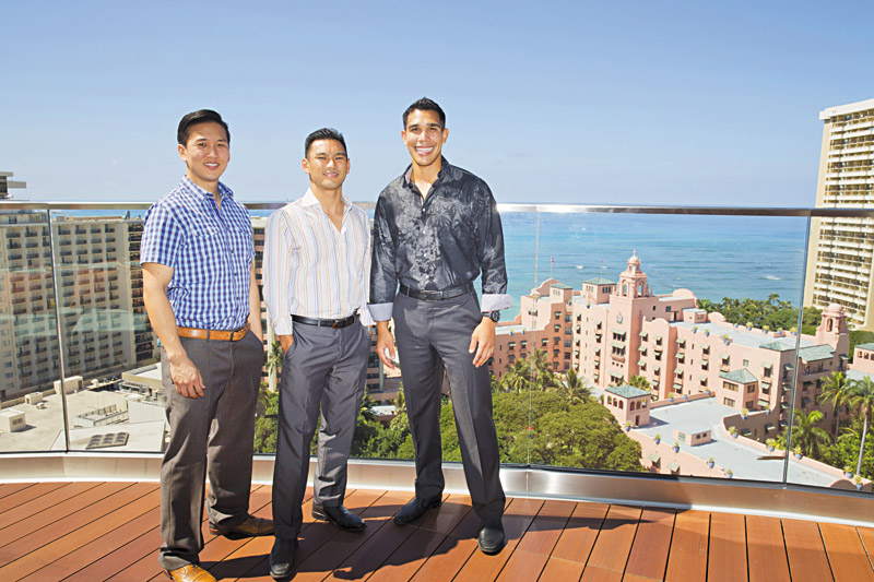 Darren Seu, Jovan Andow and Kainoa Akina on top of SKY Waikiki's deck prior to its official unveiling this weekend MISSY ROMERO PHOTO 