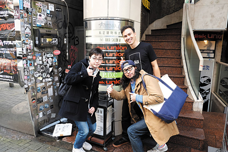 The author (center) with Shu Ikeuchi (left) and Jun Saito at Diskunion in Shibuya